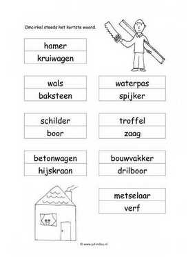 Werkblad bouwvakker - Kortste woord