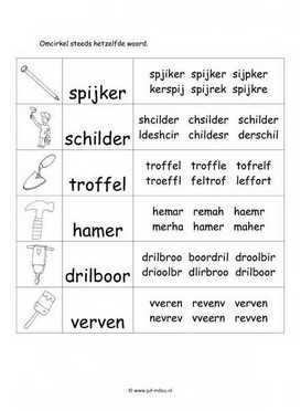 Werkblad bouwvakker - Woordherkenning 2 moeilijk