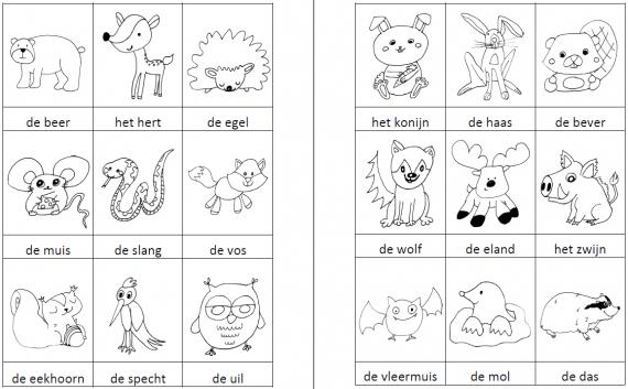 Woordkaartjes bosdieren zwart-wit