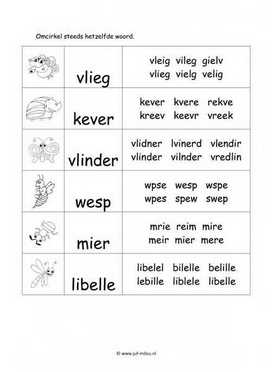 Werkblad kriebelbeestjes - Woordherkenning 2 moeilijk