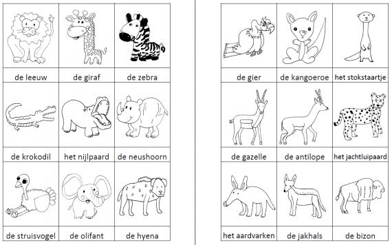 Woordkaartjes savannedieren zwart-wit