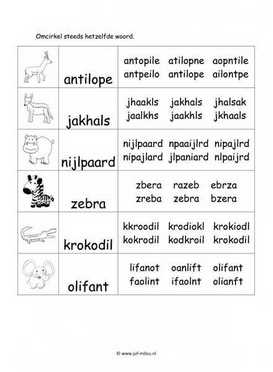 Werkblad savannedieren - Woordherkenning 2 moeilijk