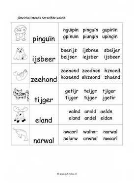 Werkblad sneeuwdieren - Woordherkenning 2 moeilijk