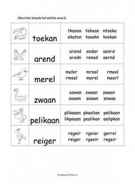 Werkblad vogels - Woordherkenning 2 moeilijk