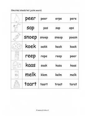 Werkblad eten en drinken - Woordherkenning 2 makkelijk