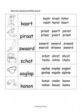 Werkblad piraten - Woordherkenning 2 moeilijk
