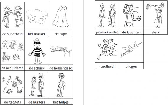 Woordkaartjes superhelden zwart-wit