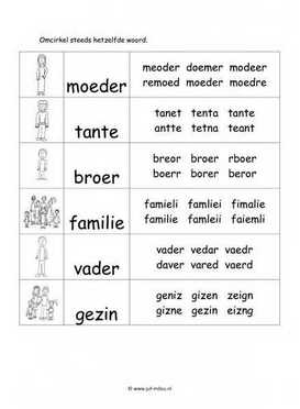 Werkblad familie - Woordherkenning 2 moeilijk