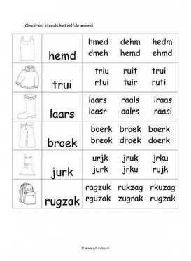 Werkblad kleding - Woordherkenning 2 moeilijk
