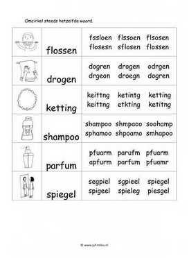 Werkblad verzorging - Woordherkenning 2 moeilijk