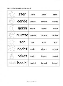 Werkblad ruimte - Woordherkenning 2 makkelijk