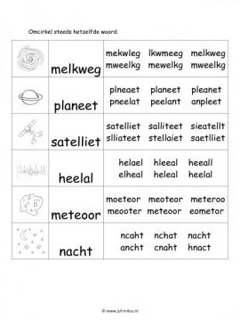 Werkblad ruimte - Woordherkenning 2 moeilijk