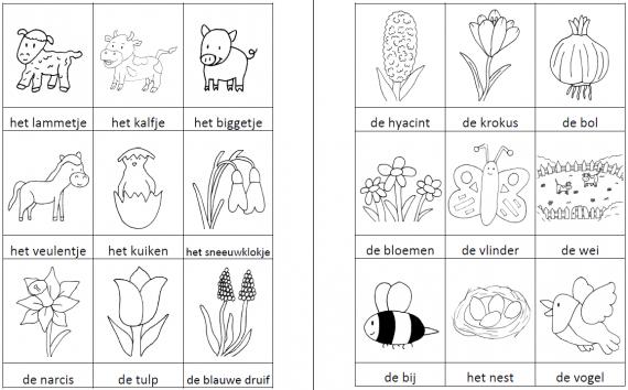 Woordkaartjes lente zwart-wit