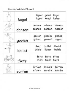 Werkblad sporten - Woordherkenning 2 moeilijk